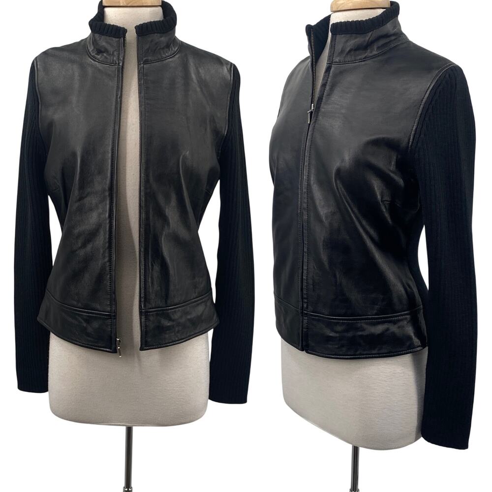 Vintage Y2k Lambskin Leather Jacket Knit Wool Blend Sleeves Moto Black Womens M